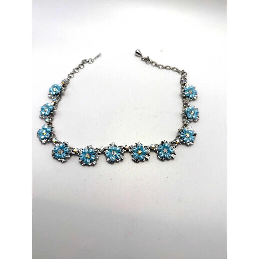 Vintage Blue Thermo Set Flower Necklace Aurora Borealis Rhinestone Accents